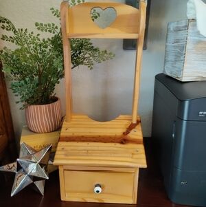 Vtg Rustic Pine Wood Wall Shelf Heart Cutout Mail Organizer Recipe Book Holder